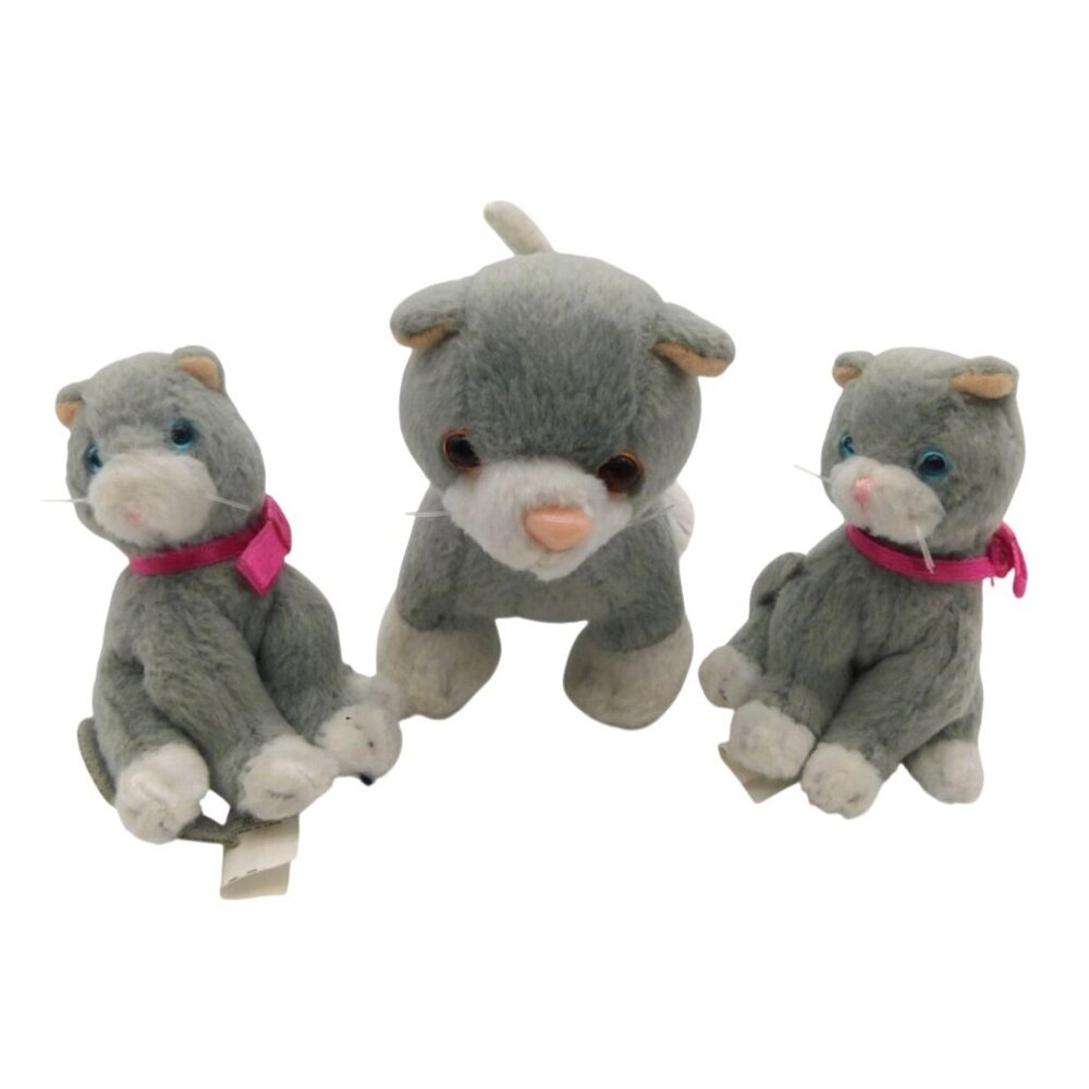 Battat Grey Cat and 2 Kittens Plush Set Retired Pink Ribbon Doll Pet Size 3" 4"